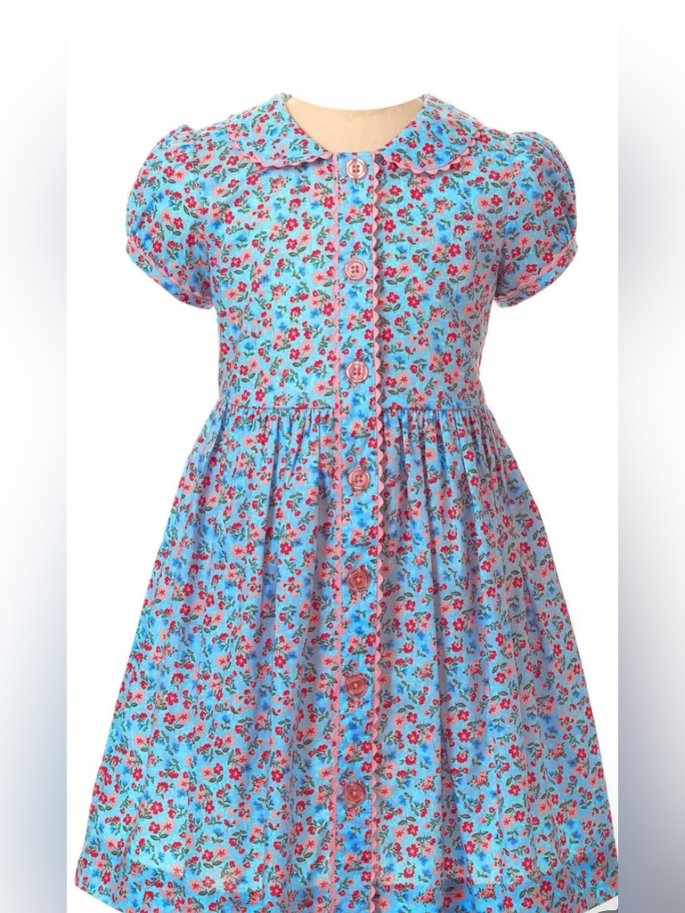 Rachel Riley Blue Floral Button Front Dress Size 3Y Girls Peter Pan Collar